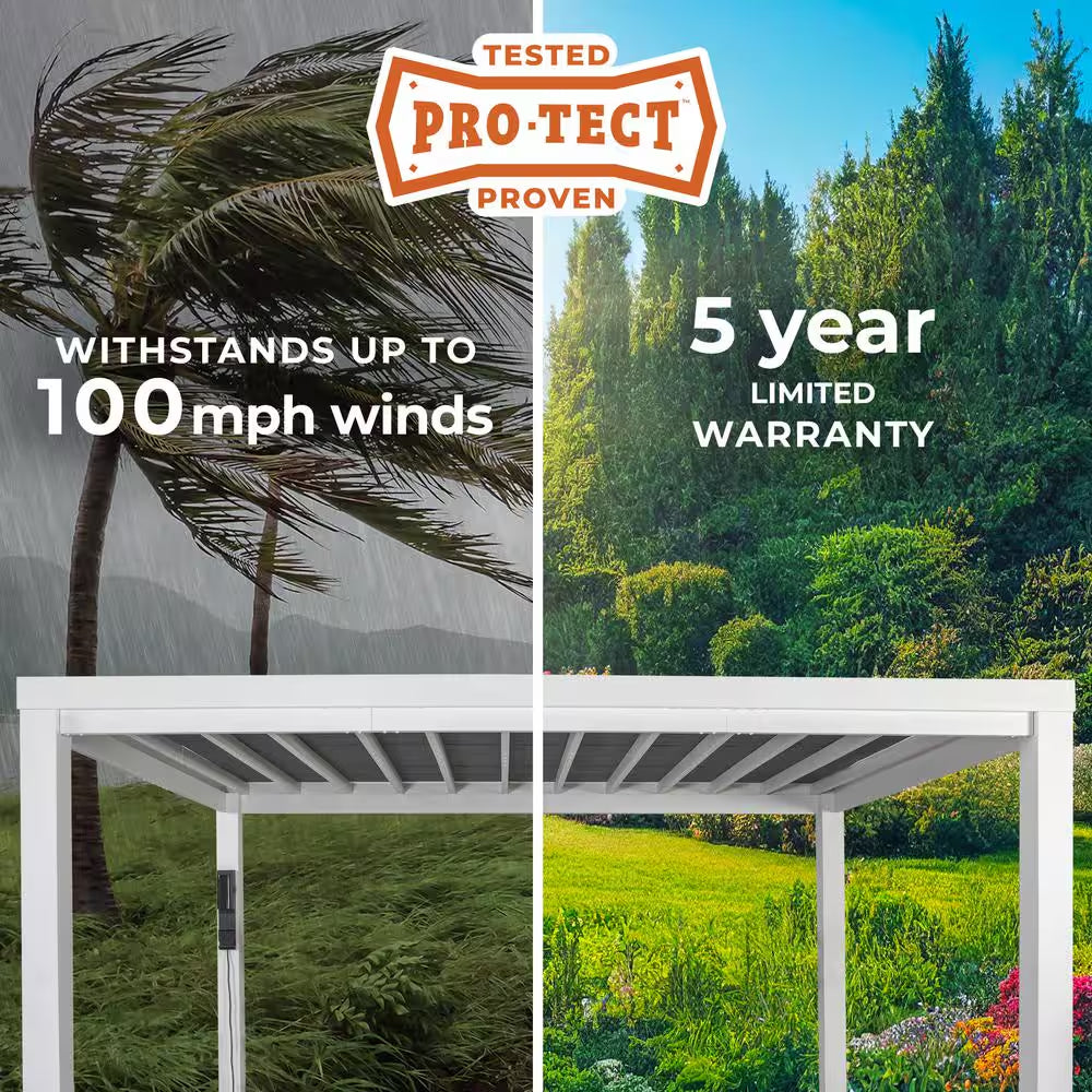 Windham 14 Ft. X 12 Ft. White Powder Coated Galvanized Steel Metal Modern Pergola W/ Sail Shade Soft Canopy and Electric