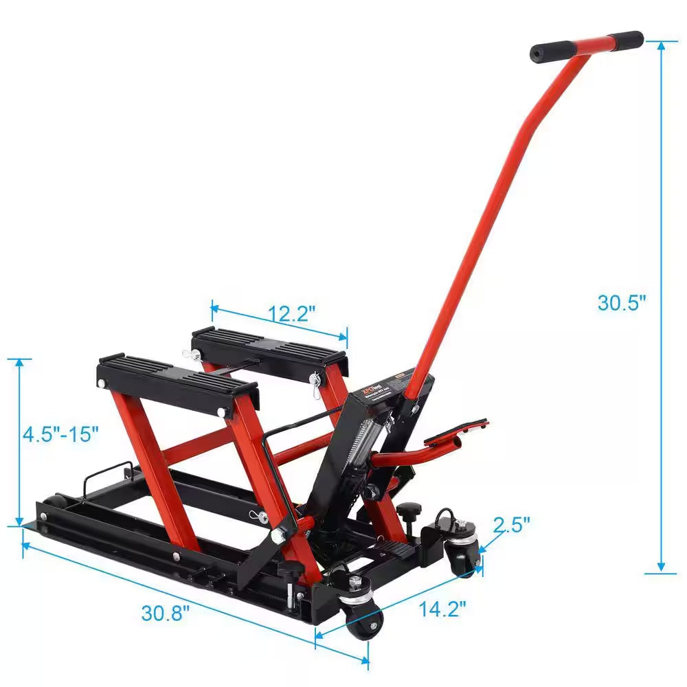 1500 LBS Capacity Red Hydraulic ATV & Motorcycle Jack with 4 Wheels, Foot-Operated Hoist Stand, Maximum Lift 15 In. H
