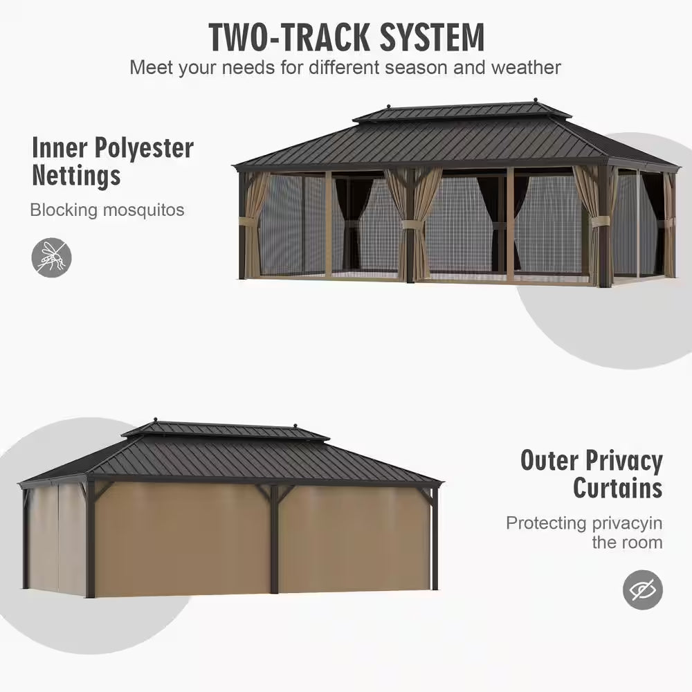 12 Ft. X 22 Ft. Aluminum Outdoor Gazebo Double Roof Canopy/Netting, Curtains, Garden Tent for Patio, Backyard, Lawns
