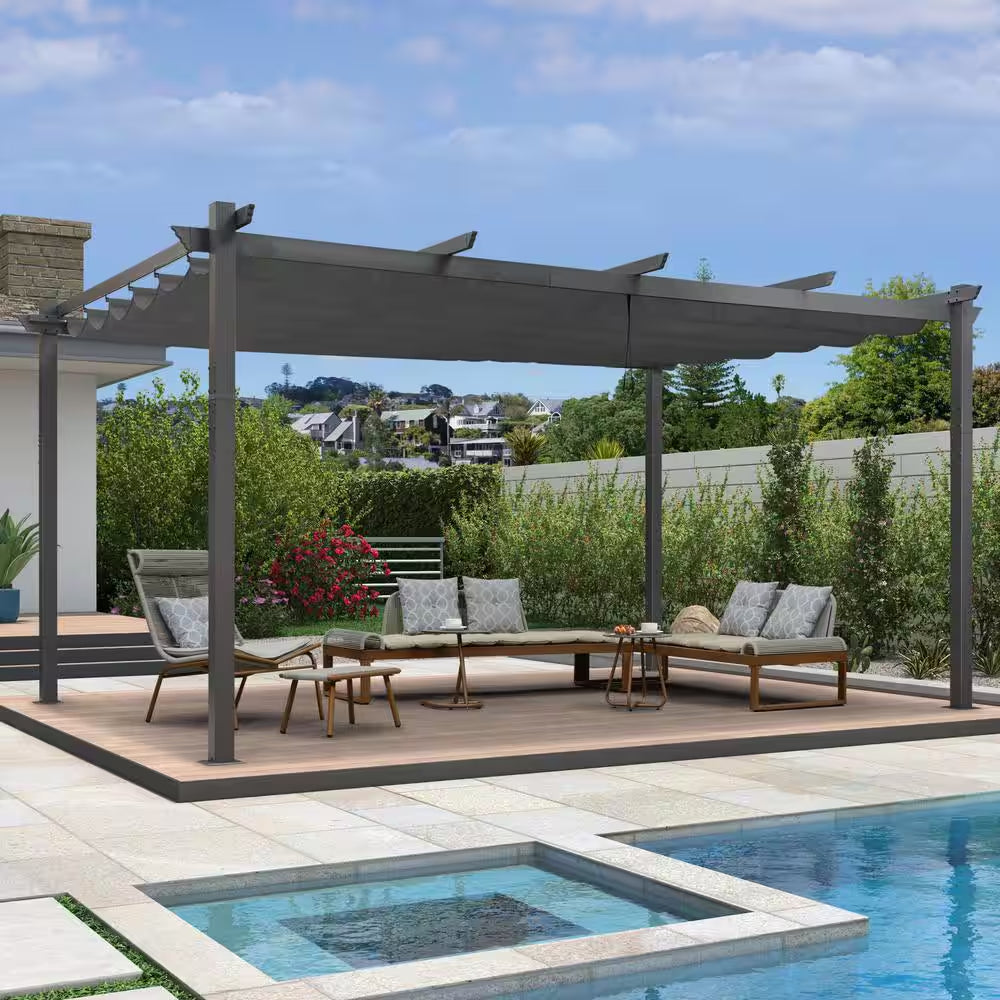 12 Ft. W X 16 Ft. D Modern Gray Aluminum Pergola with Gray Adjustable UV Resistant Sun Shelter Canopy for Garden Deck