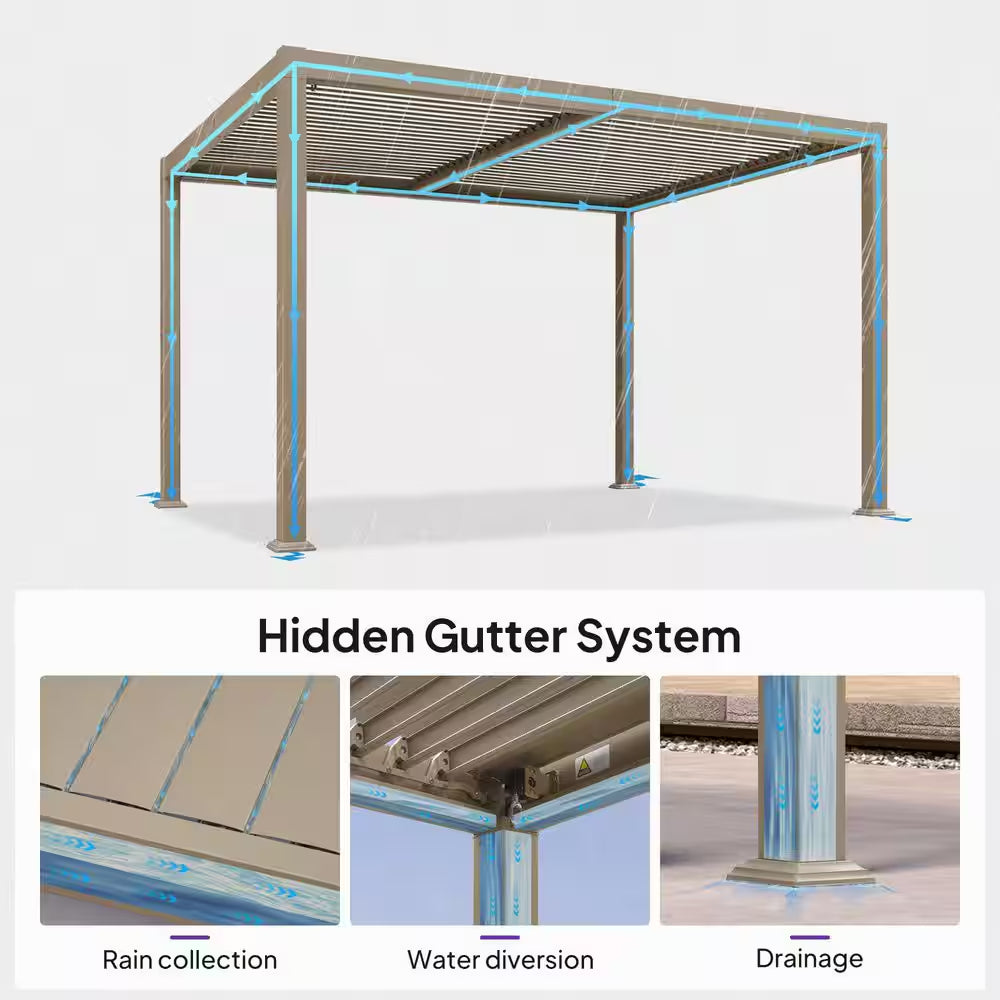 10 Ft. X 12 Ft. Champagne Aluminum Outdoor Louvered Pergola with Individual Adjustable Sunshade Roofs and LED Lights
