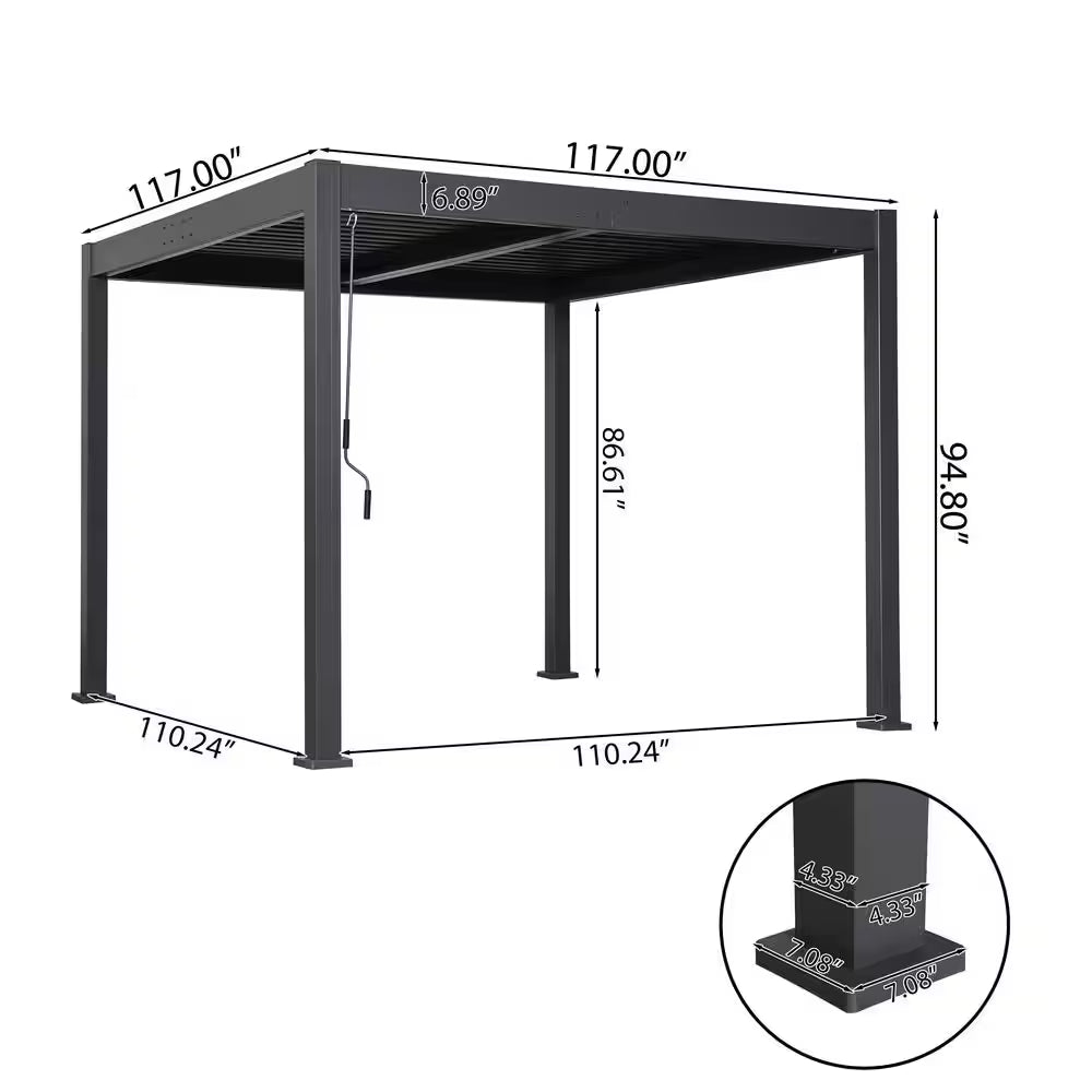Harrow 9.75 Ft. X 9.75 Ft. Black Aluminum Outdoor Pergola with Adjustable Louvered Roof
