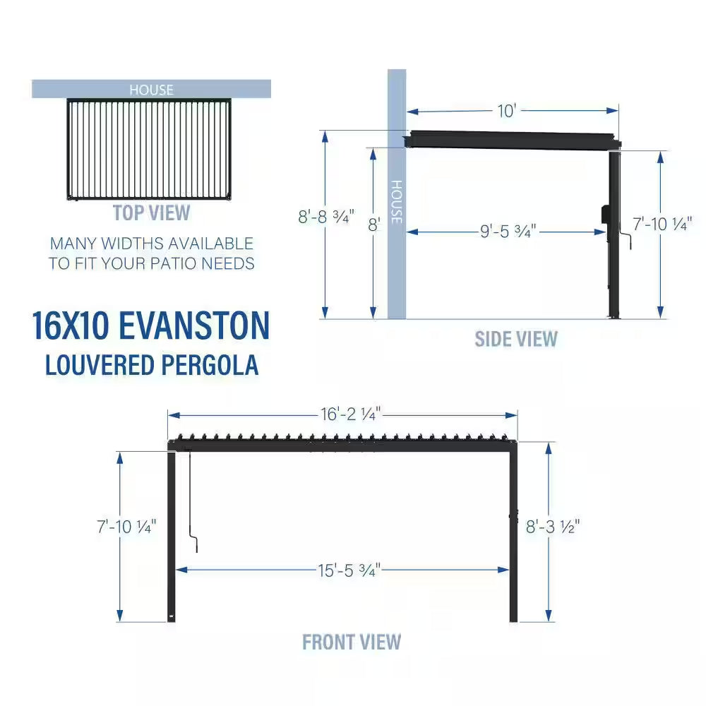 Evanston 16 Ft. X 10 Ft. Black Galvanized Steel Wall-Mounted Louvered Pergola Kit with Adjustable Roof and Powerport