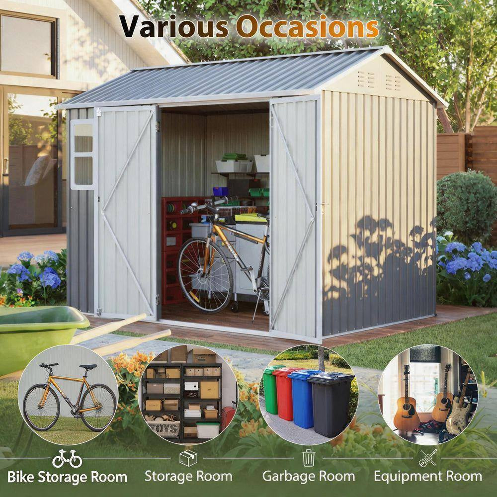Metal 8 X 6 Ft. Steel Storage Shed with Window and Lockable Doors, Dark Gray for Garden Patio and Yard (43.69 Sq Ft)