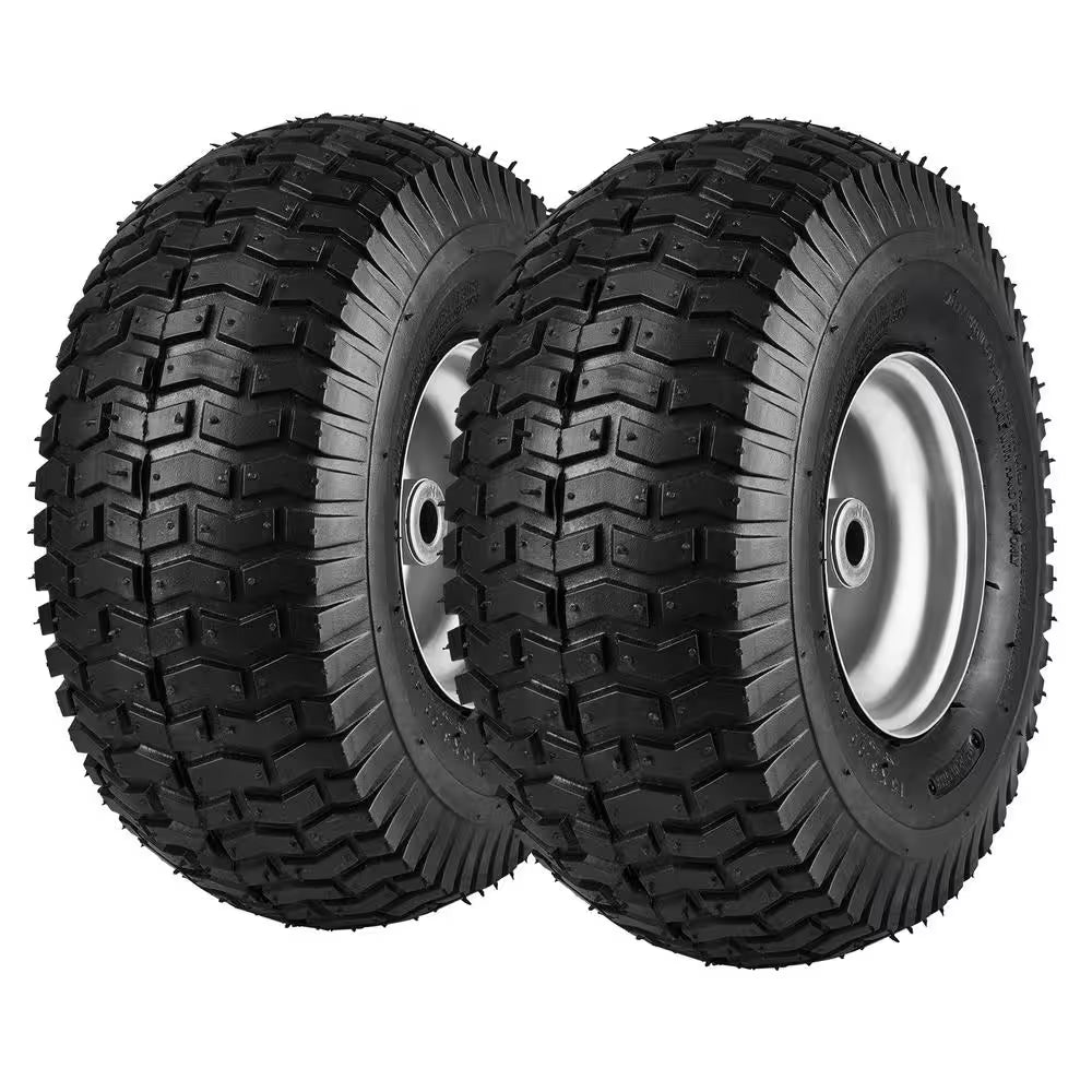 Lawn Mower Tires 15X6-6 in 2-Pack Turf Pneumatic 3 in Centered Hub 3/4 in Bushing 16 Adapters 400 Lb/Wheel
