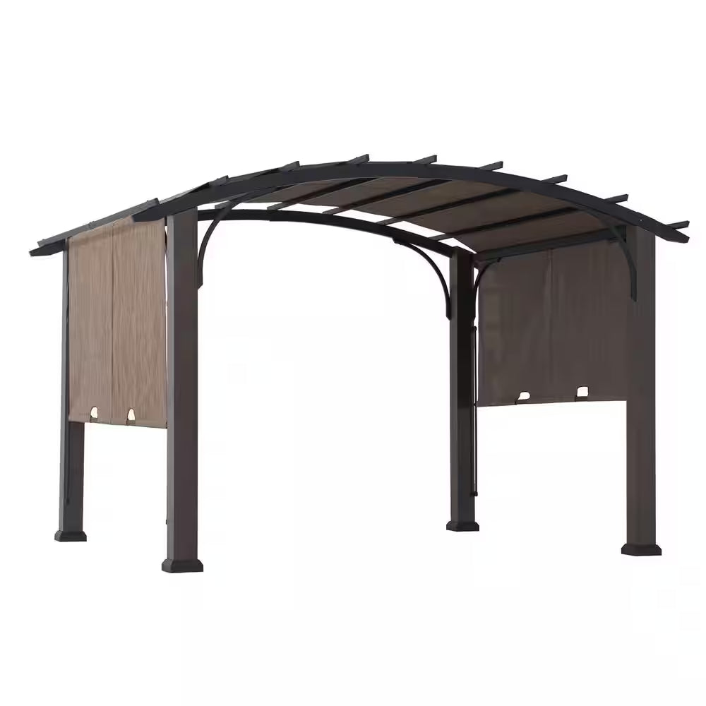 10 Ft. X 12 Ft. Dylon Steel Arched Roof Pergola with Tan Adjustable Canopy and Natural Woodgrain Metal Posts for Patio