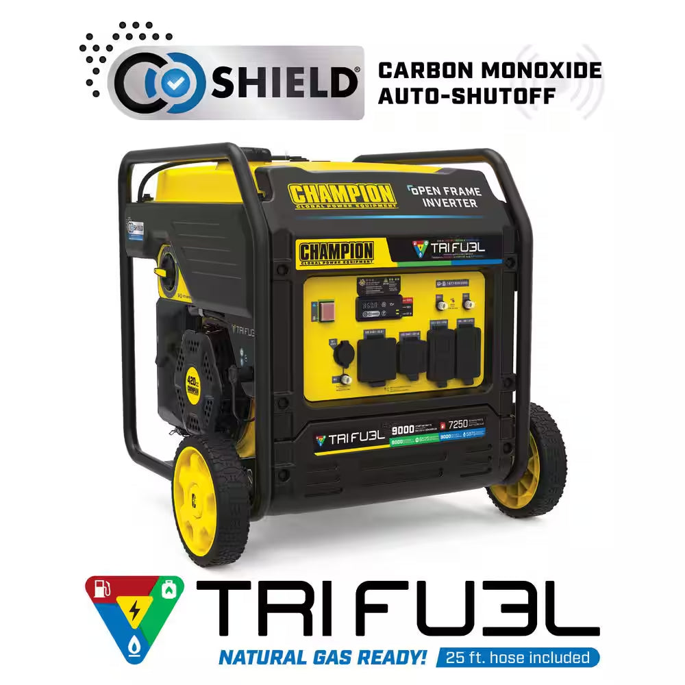 9000/7250-Watt Electric Start Gas, Propane, Natural Gas Tri Fuel Open Frame Inverter Generator, Free 3-Year Warranty