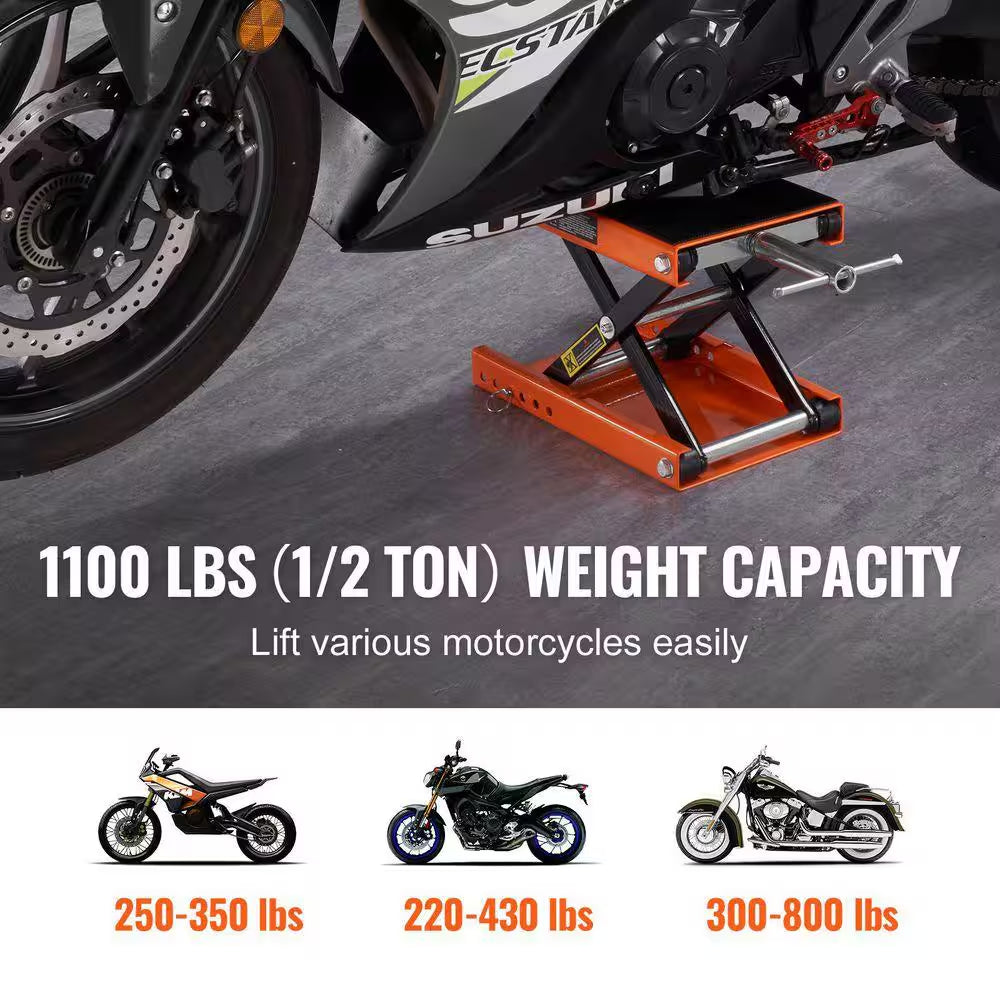 Motorcycle Lift 1100 Lbs. Motorcycle Scissor Lift Jack with Wide Deck and Safety Pin 3.7 In.-13.8 In. Hoist Crank Stand