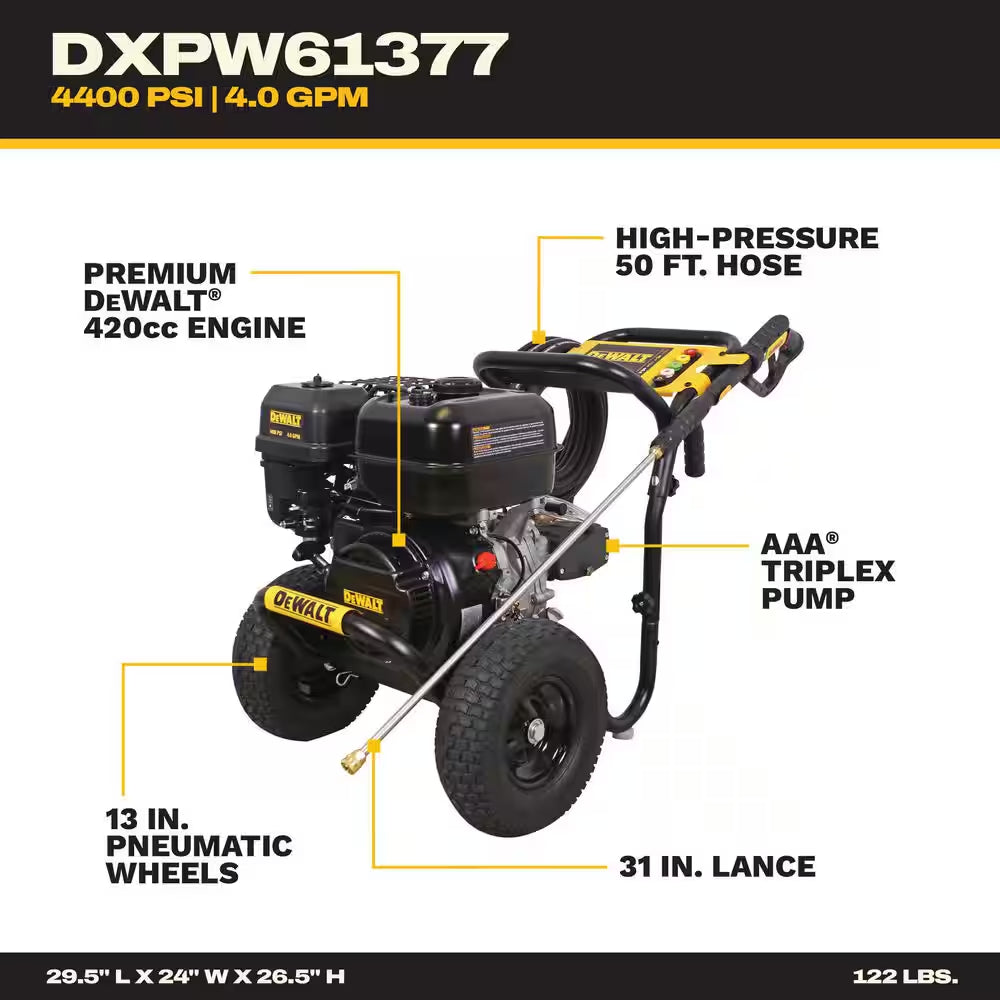 4400 PSI 4.0 GPM Gas Pressure Washer with 420Cc Engine, Triplex Pump, Commercial Cold Water Power Washer