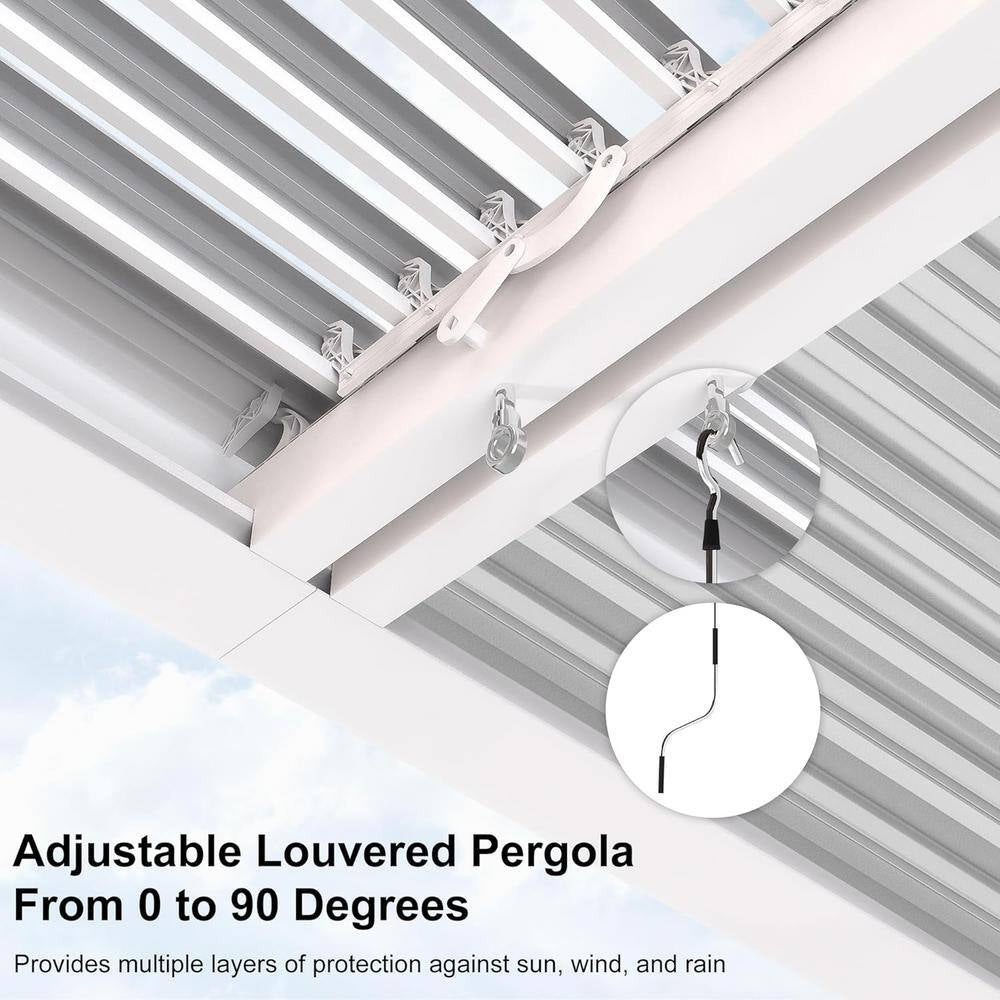 12 Ft. X 14 Ft. White Aluminum Frame Louvered Pergola with Adjustable Sunshade Roofs and 1-Long Side White Roller Shades