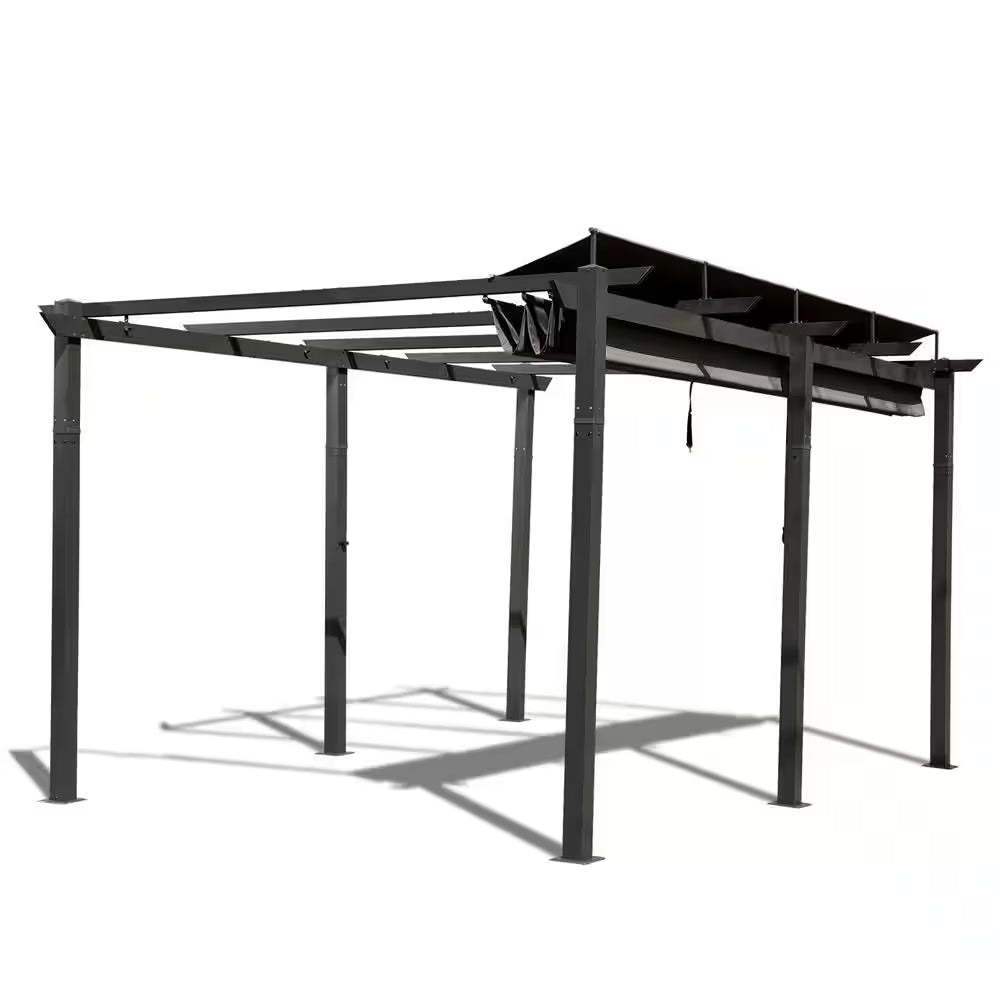 11 Ft. X 16 Ft. Dark Gray Outdoor Retractable Pergola, Patio Grill Gazebo, Weather-Resistant