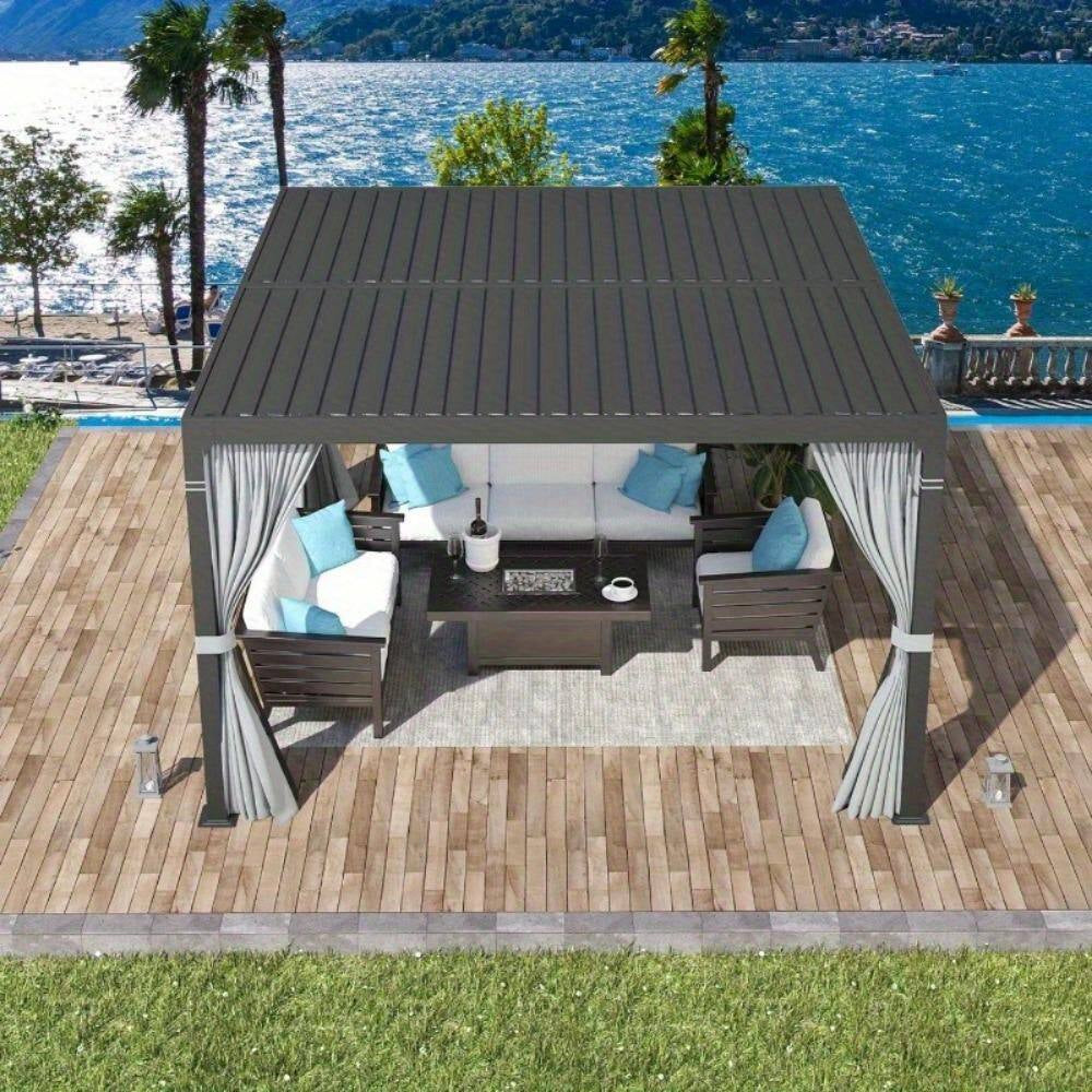 10 Ft. X 10 Ft. Outdoor Louvered Pergola with Curtains and Netting for Patio, Garden, Backyard, Dark Gray