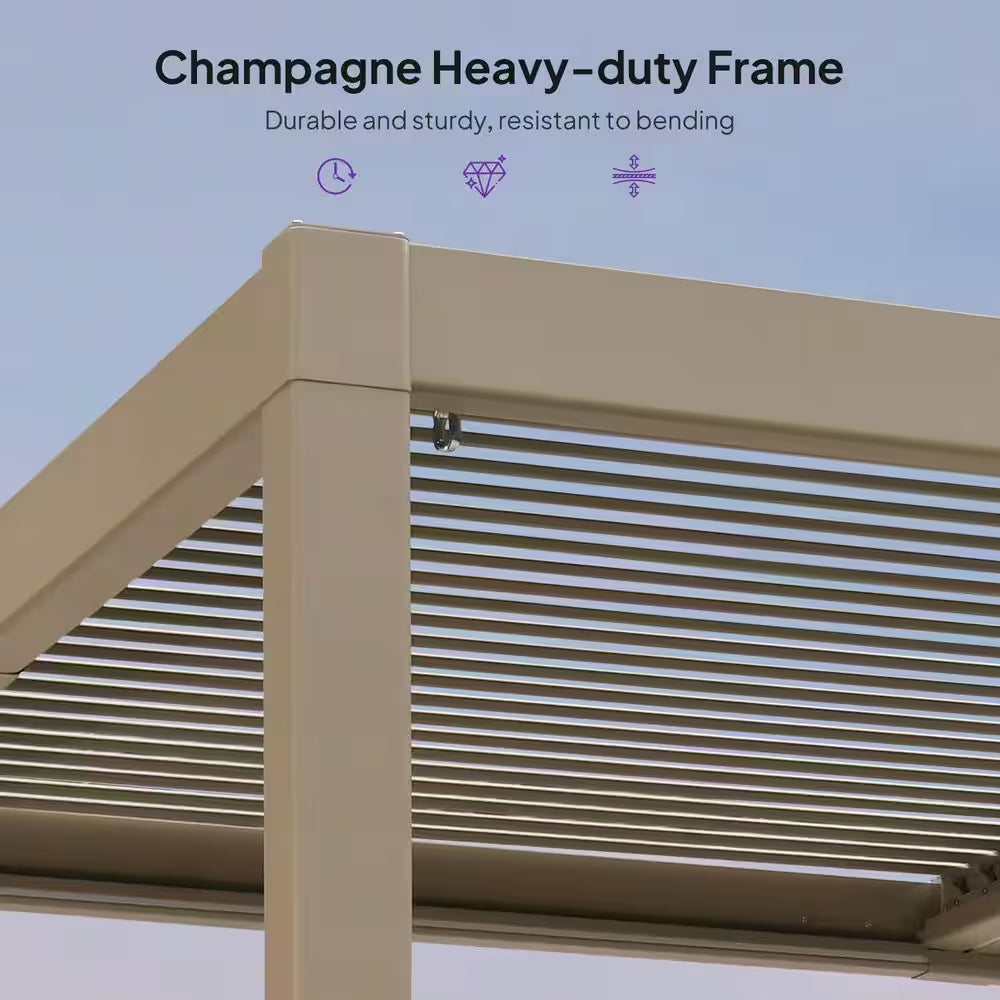10 Ft. X 12 Ft. Champagne Aluminum Outdoor Louvered Pergola with Individual Adjustable Sunshade Roofs and LED Lights