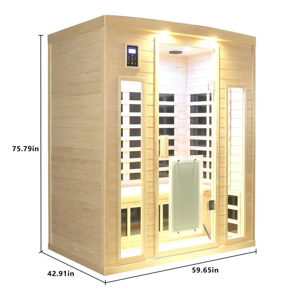 3-Person Natural Wood Far Infrared Hemlock Wood Sauna Room with LED Reading Light
