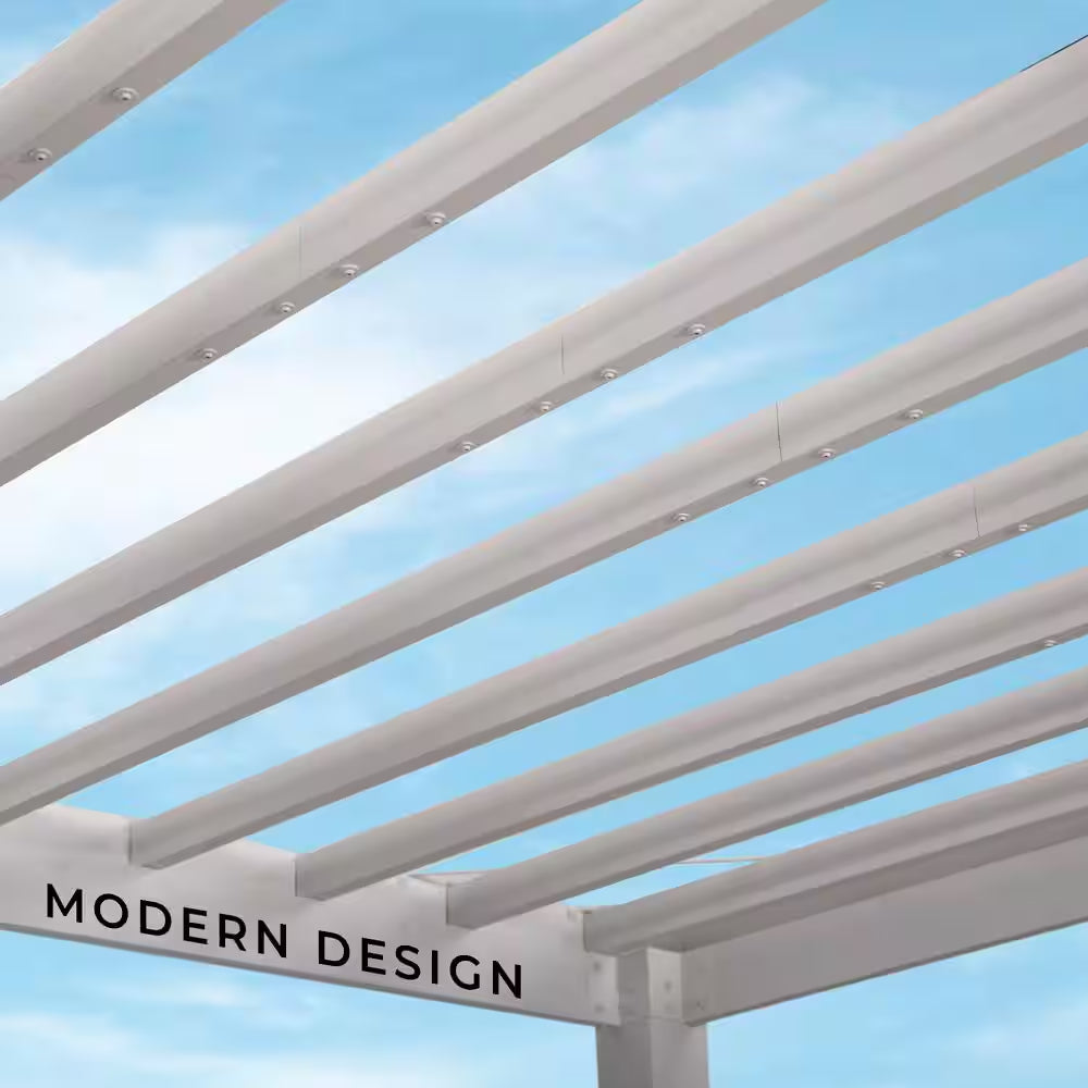 Windham 14 Ft. X 10 Ft. White Powder Coated Galvanized Steel Metal Modern Pergola W/ Sail Shade Soft Canopy and Electric