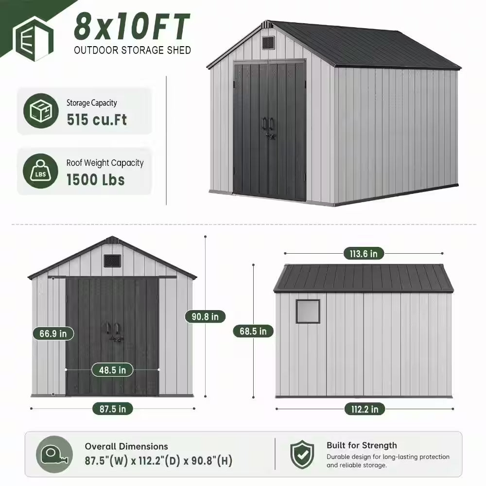 8 Ft. W X 10 Ft. D Resin Storage Shed with Double Doors, Window and Gable Vent 80 Sq. Ft.