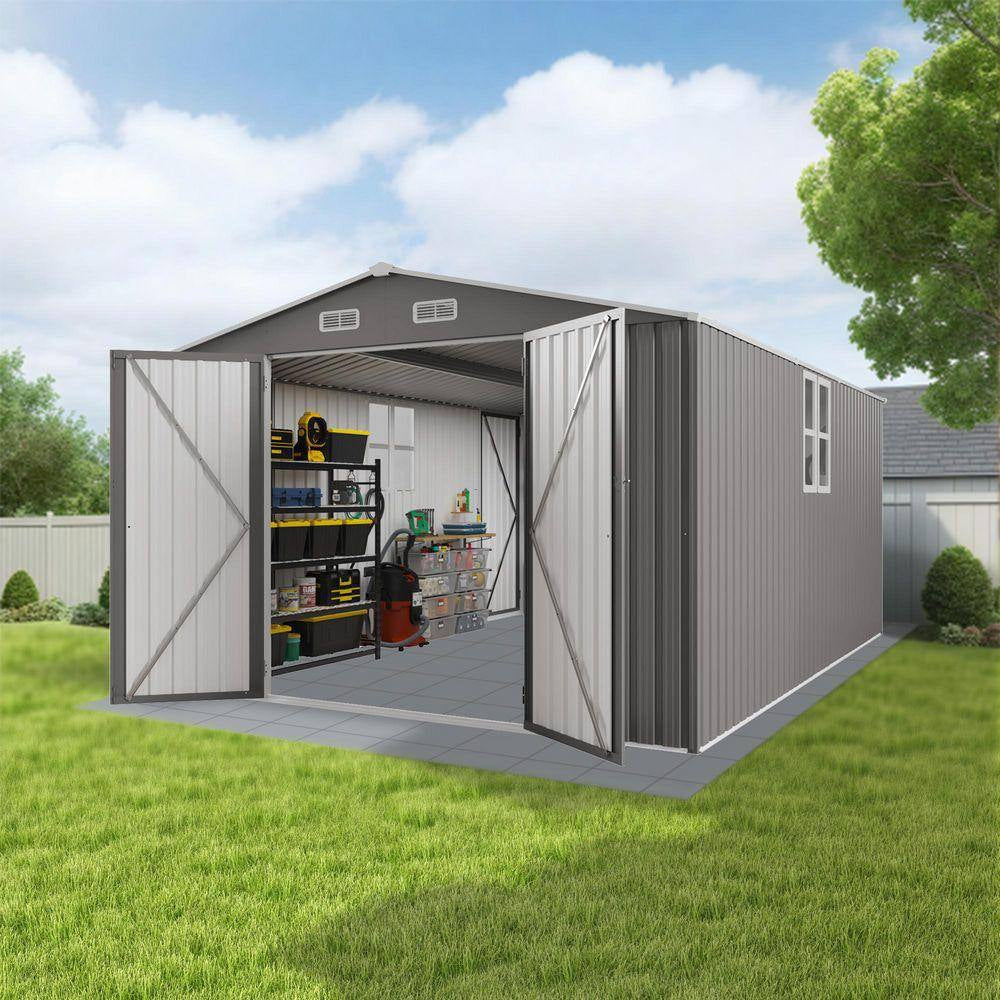 10 Ft.W X 14 Ft.D Outdoor Metal Storage Shed, Lockable Door Tool Shed with 2 Window for Patio/Lawns, Gray (130 Sq. Ft.)