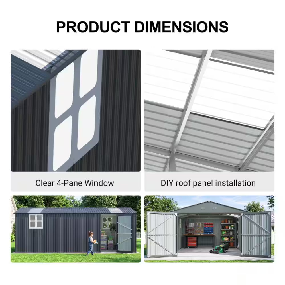 20X13 FT. Black Metal Outdoor Storage Shed Utility Tool House with Window, 2 Doors and 4 Vents