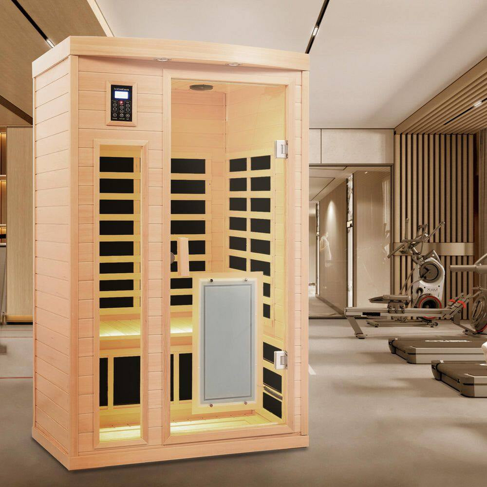 2-Person Natural Wood Far Infrared Hemlock Wood Sauna Room with LED Reading Light