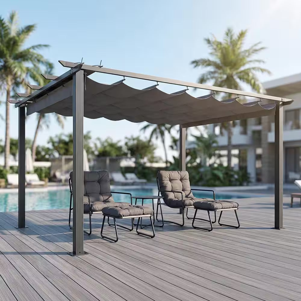 10 Ft. X 13 Ft. Grey Aluminum Outdoor Pergola with Grey Retractable Sun Shade Canopy