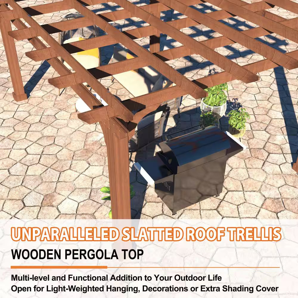 12 Ft. W X 10 Ft. D Cedar Wood Patio Pergola Shade Structure for Outdoor, Brown