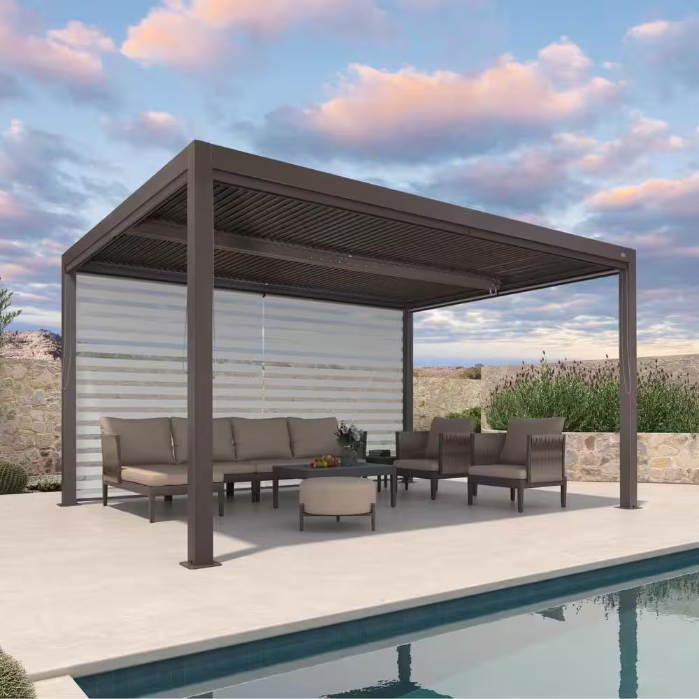 12 Ft. X 14 Ft. Bronze Aluminum Frame Louvered Pergola with Adjustable Sunshade Roofs and 1-Long Side Roller Shades