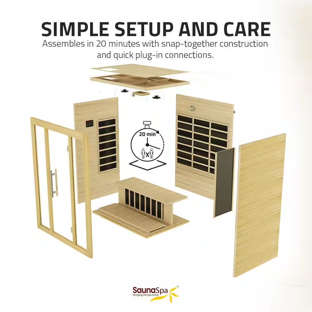 S08HD Series 2-Person Indoor Hemlock Wooden Low EMF Carbon FAR Infrared Home Sauna Room with LED Touch Control Panel