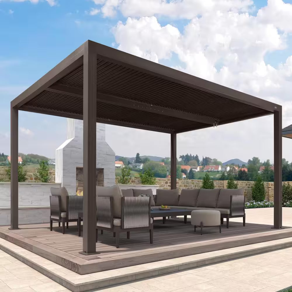 10 Ft. X 14 Ft. Bronze Aluminum Frame Patio Hardtop Louvered Pergola with Adjustable Sunshade Roofs and In-Built Gutter