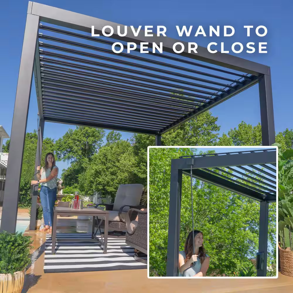 Sarasota 12 Ft. X 10 Ft. Black Powder Coated Steel Louvered Pergola with Integrated Drainage and Gutter Guards