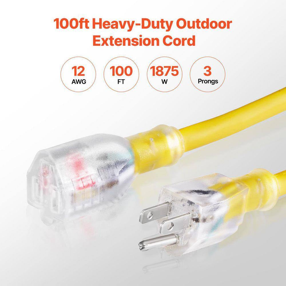 100 Ft. Heavy Duty Extension Cord 12AWG 15 Amp 125-Volts 1875W Generator Extension Cord with Lighted End Flexible