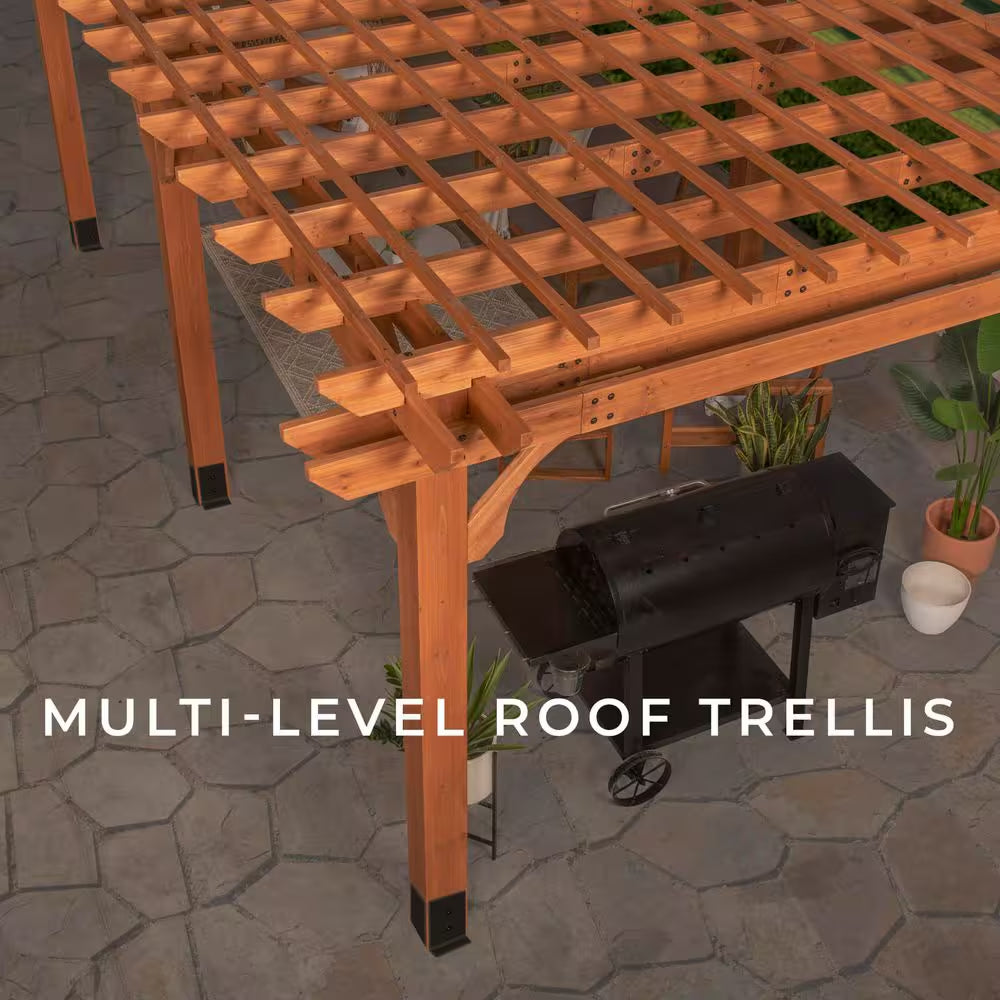 Beaumont 20 Ft. X 12 Ft. Light Brown Traditional Outdoor All Cedar Wood Patio Pergola Shade Structure with Electric