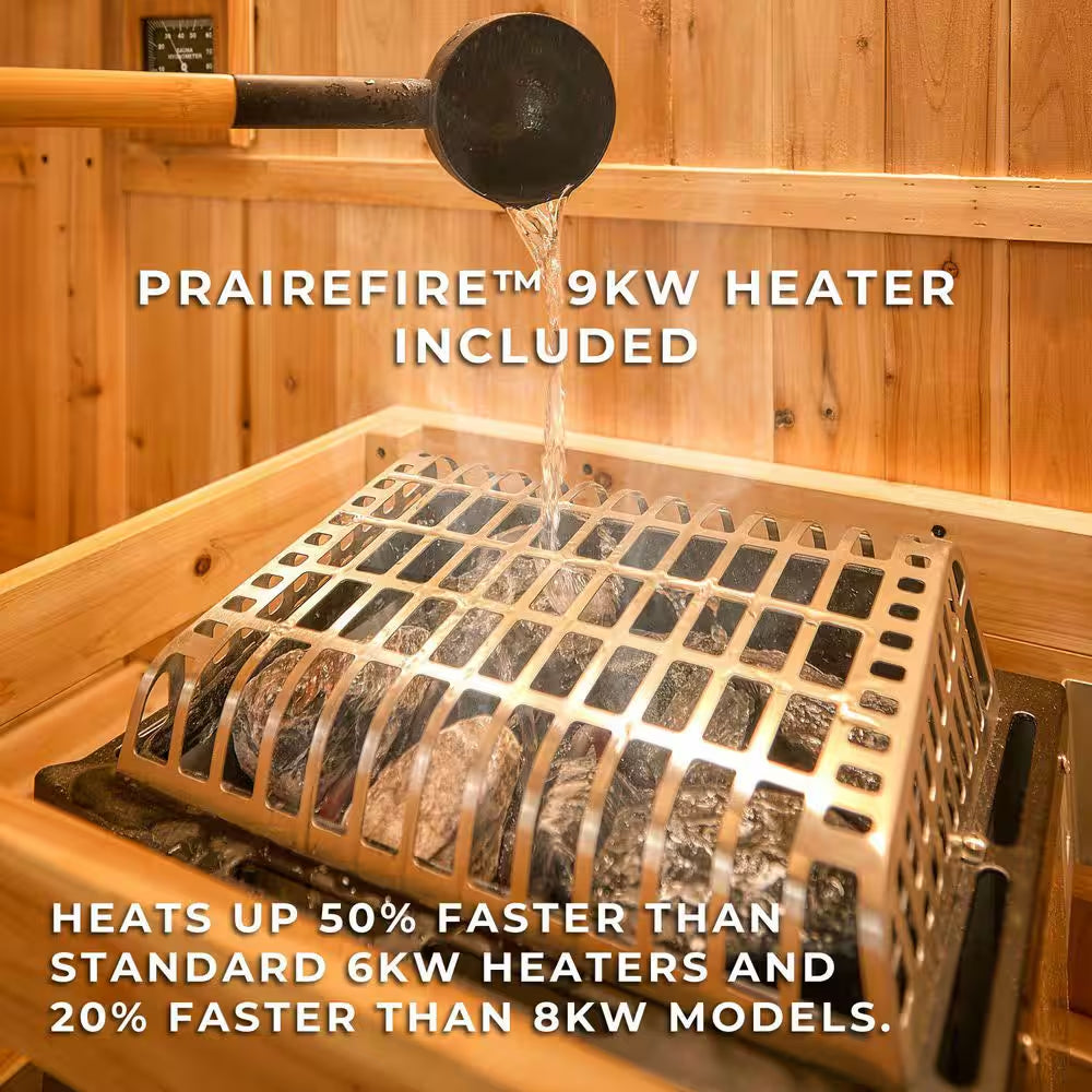 Paxton 6-Person Outdoor Cedar Traditional Wet/Dry Barrel Sauna with 9Kw Electric Heater, Wi-Fi Control, LED Lights