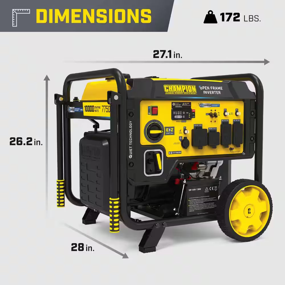 10,000/7,750-Watt Electric Start Gas Open Frame Inverter Generator, Free 3-Year Warranty for Home Backup