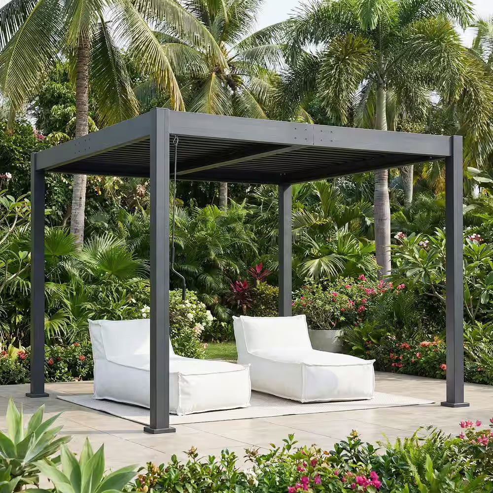 Harrow 9.75 Ft. X 9.75 Ft. Black Aluminum Outdoor Pergola with Adjustable Louvered Roof