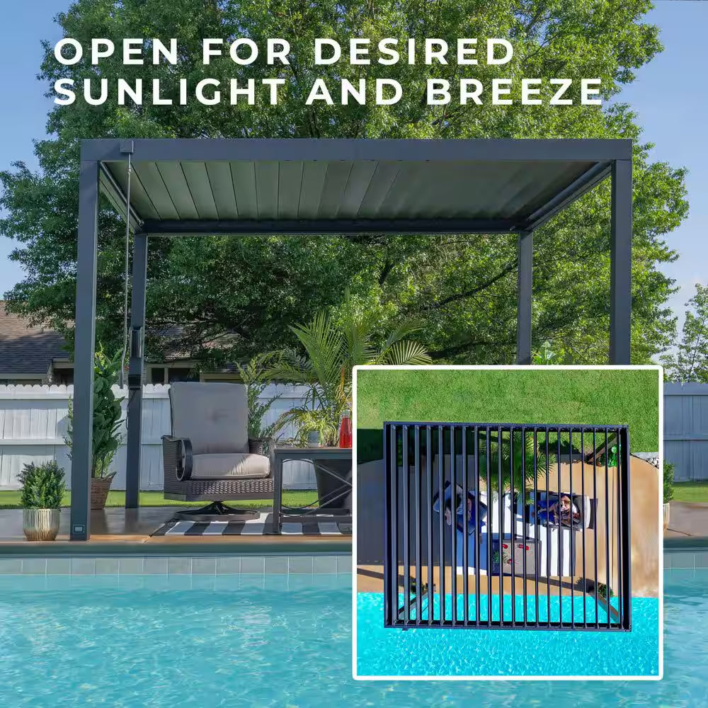 Sarasota 12 Ft. X 10 Ft. Black Powder Coated Steel Louvered Pergola with Integrated Drainage and Gutter Guards