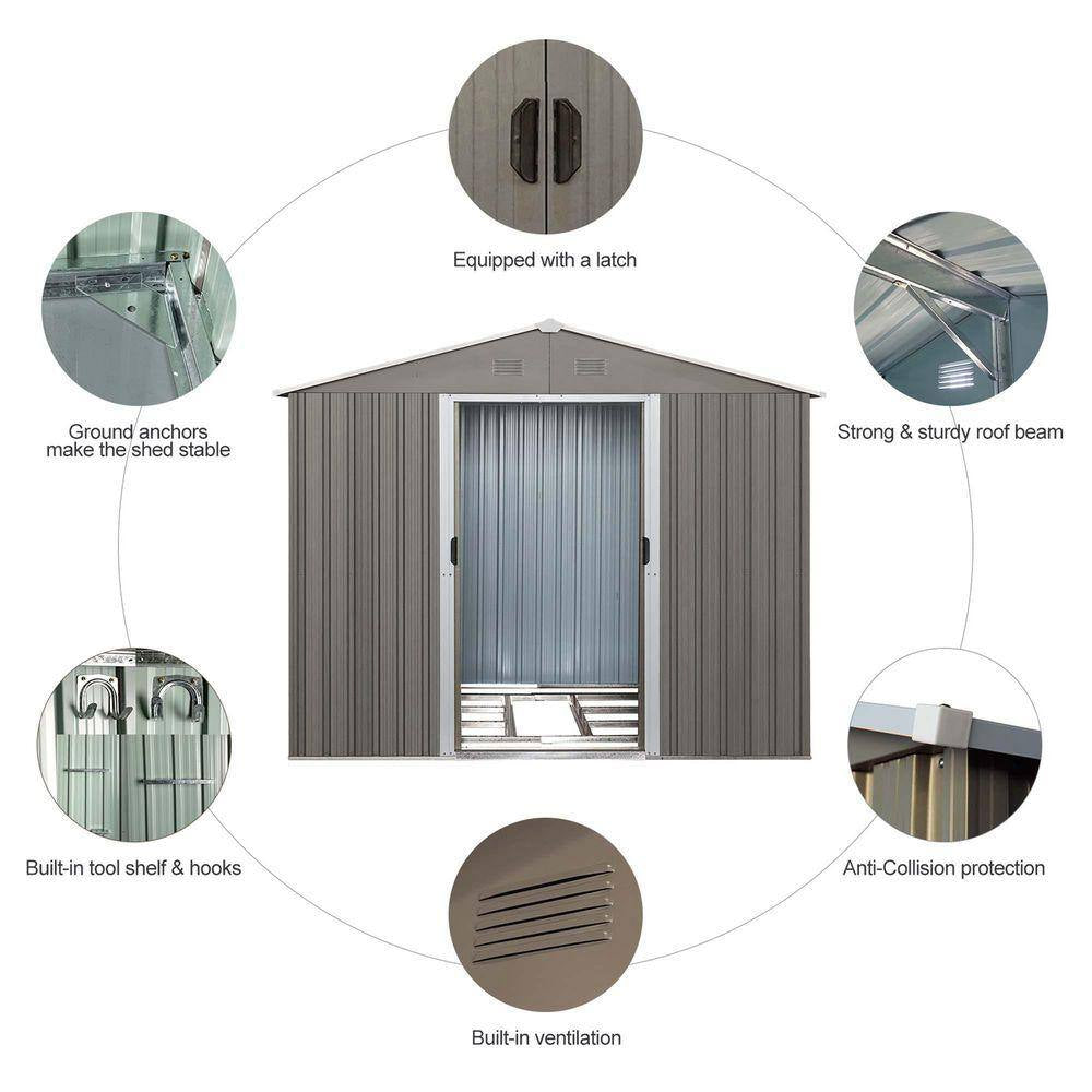 8 Ft.W X 10 Ft.D Outdoor Metal Storage Shed, Tool House with Metal Foundation for Patio, Yard, Lawn, Gray (77 Sq. Ft.)