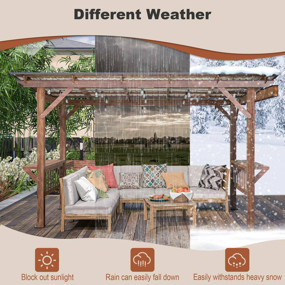 13 Ft. X 6.5 Ft. Brown Wooden Pergola Grill Gazebo with Metal Roof and Bulbs and Bar Counters