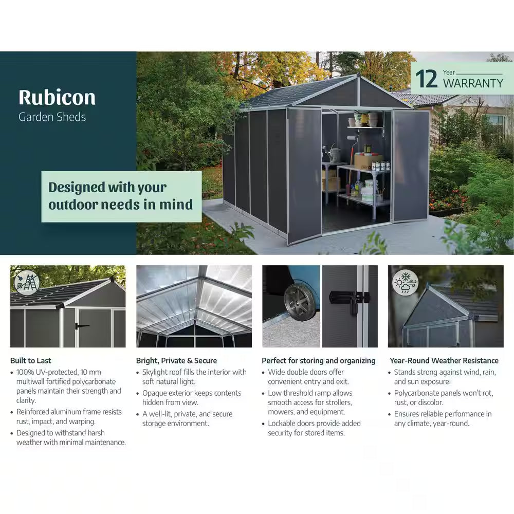 Rubicon 8 Ft. W X 17 Ft. D Resin Plastic Outdoor Garden Storage Shed with Floor (129.2 Sq. Ft.) in Dark Gray