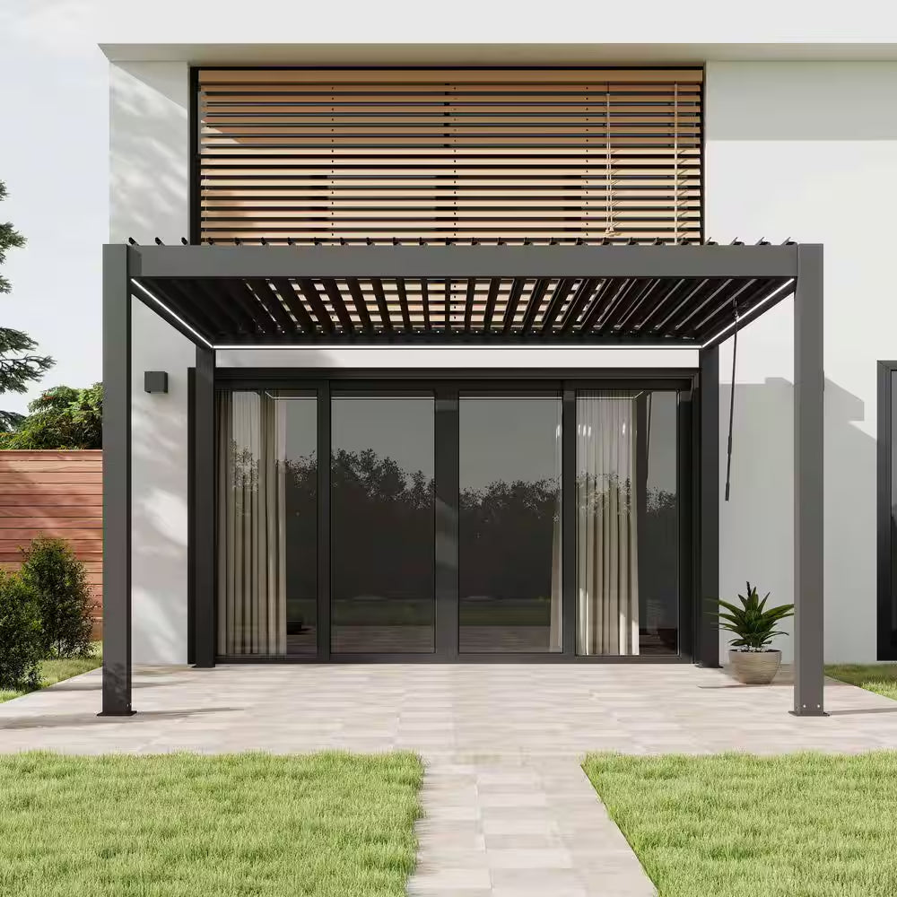 10 Ft. X 12 Ft. Dark Gray Outdoor Aluminum Louvered Pergola with Color-Changing LED Lights