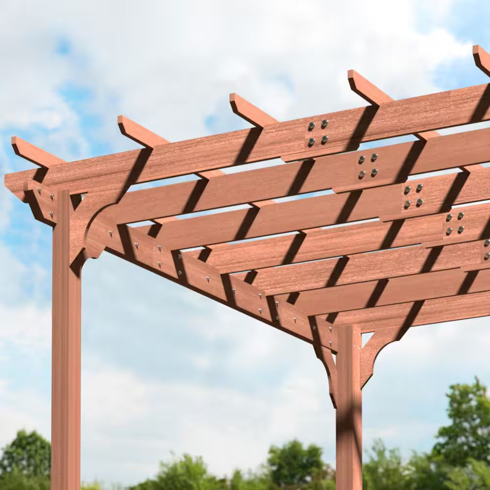 14 Ft. W X 10 Ft. D Brown Cedar Wood Patio Pergola Shade Structure for Outdoor
