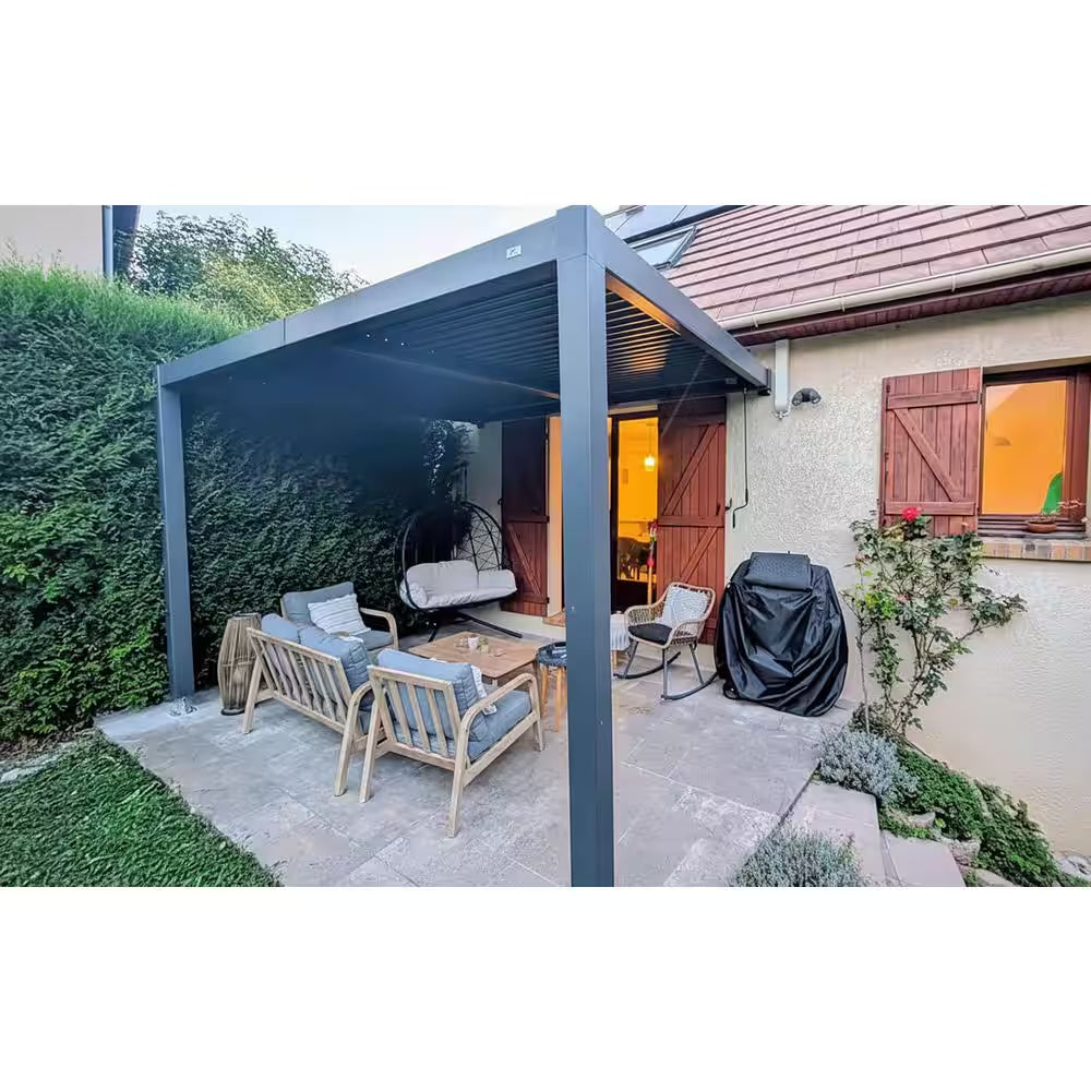 10 Ft. X 12 Ft. Grey Aluminum Outdoor Wall-Mounted Louvered Pergola with Individual Adjustable Sunshade Roofs
