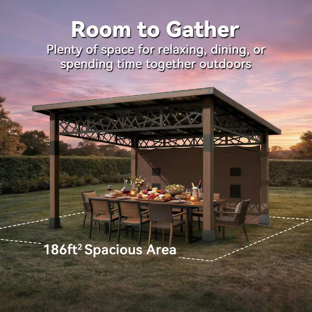 14 Ft. X 12 Ft. Outdoor Wood Frame Patio Hardtop Gazebo with Black Galvanized Steel Roof and Privacy Curtain