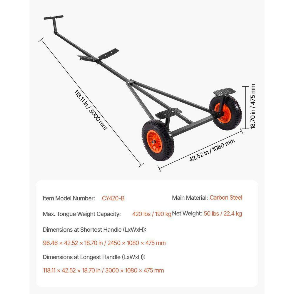 420Lbs Boat Trailer Dolly Mover Adjustable Length with 15.7 In. Pneumatic Tires