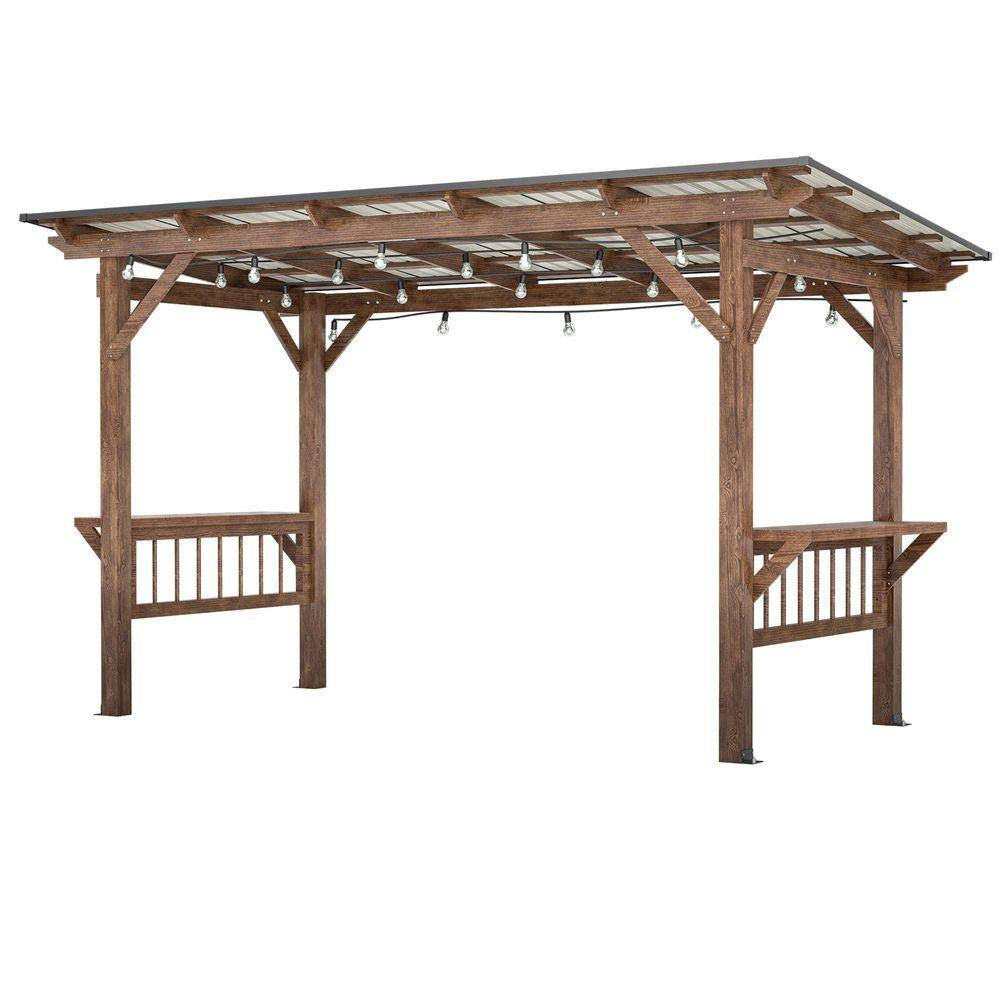 13 Ft. X 6.5 Ft. Wooden Pergola Grill Gazebo, Fir Wood Pergola with Metal Roof & Bulbs & Bar Counters