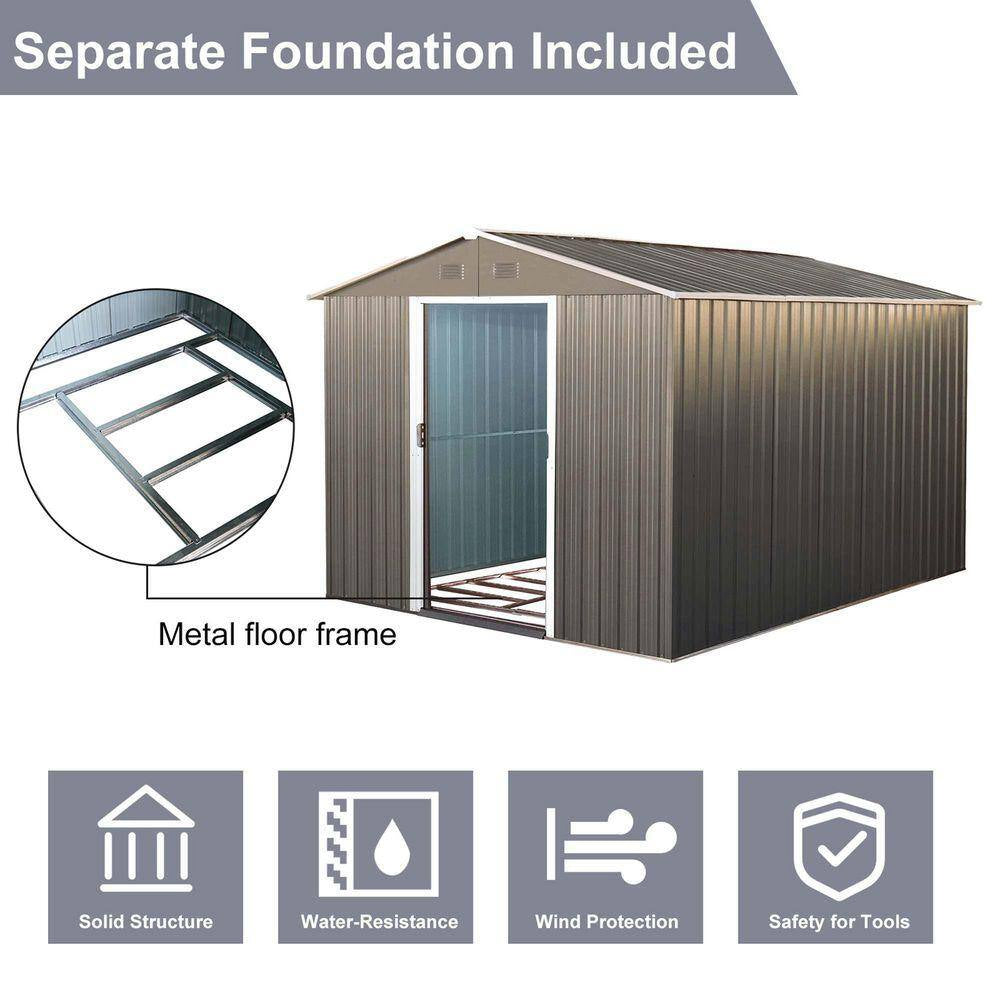 8 Ft.W X 10 Ft.D Outdoor Metal Storage Shed, Tool House with Metal Foundation for Patio, Yard, Lawn, Gray (77 Sq. Ft.)