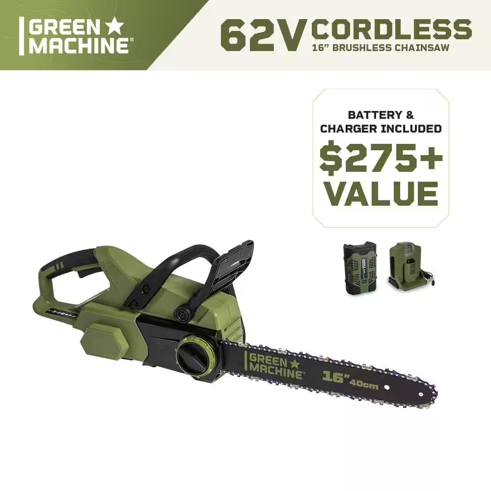 62V Brushless 16 In. Battery Chainsaw Auto-Tensioning System, Easy Trigger Start with 4 Ah Battery and Charger