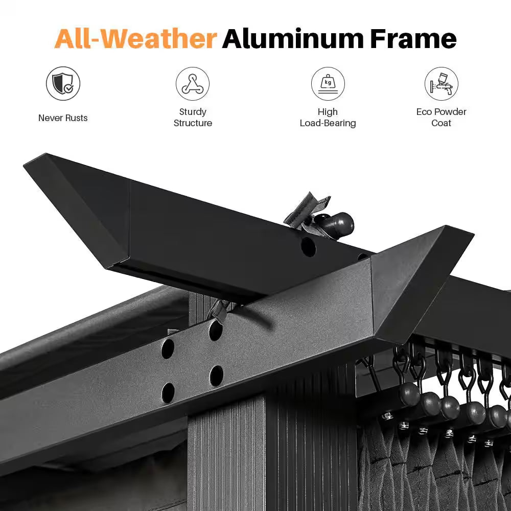 10 Ft. X 13 Ft. Grey Aluminum Outdoor Pergola with Grey Retractable Sun Shade Canopy