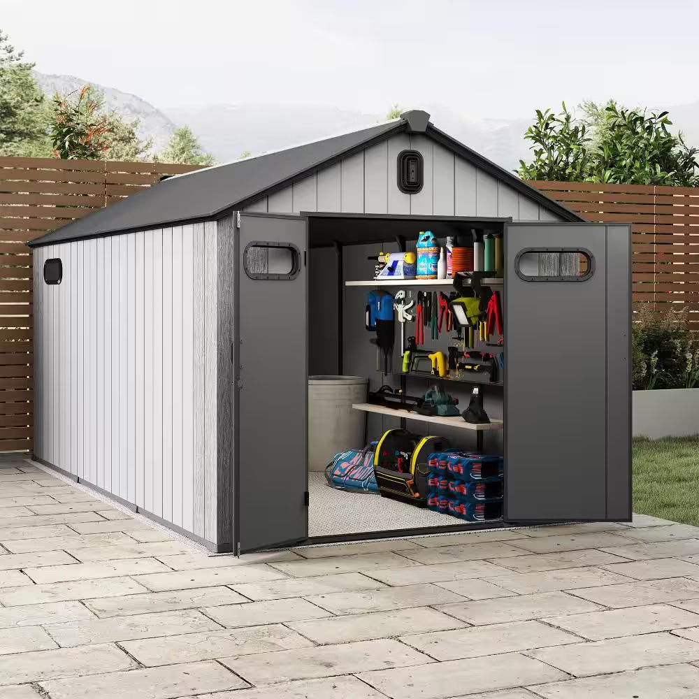 8 Ft. X 16 Ft. Outdoor Resin Patio Storage Shed with Lockable Door, Windows & Vents, Weatherproof, Gray
