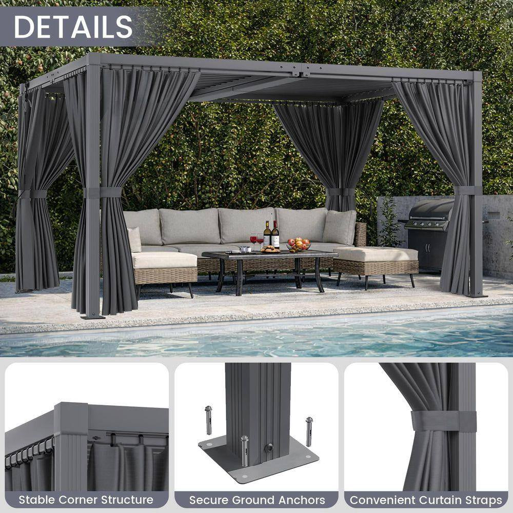 12 Ft. X 16 Ft. Gray Aluminum Louvered Pergola with Steel Roof and Curtains