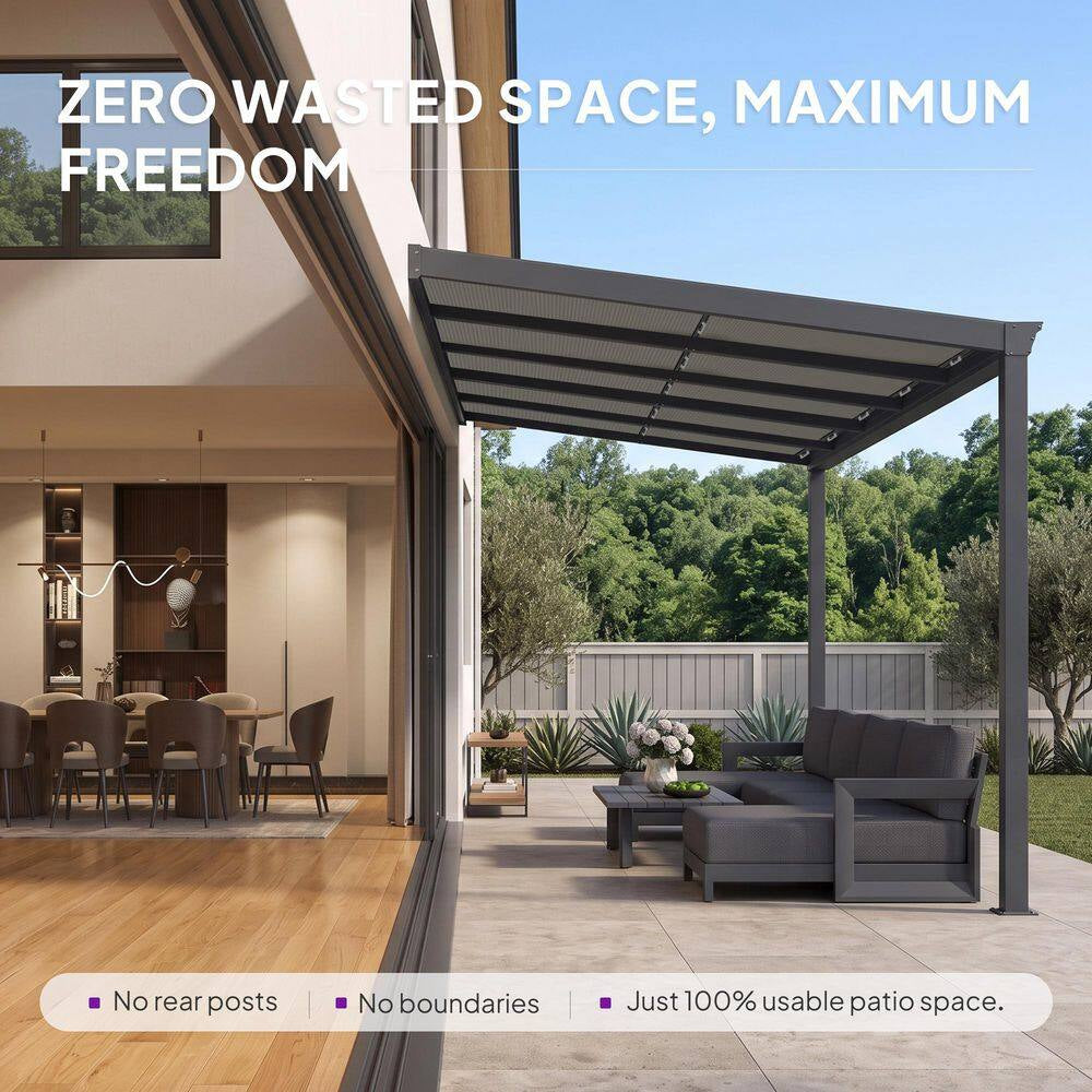 12 Ft. X 14 Ft. Gray Wall-Mounted Outdoor Pergola Aluminum Lean to Gazebo with PC Roof and Retractable Canopy